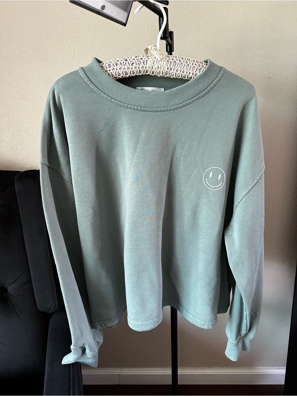 Cropped Sage Green Smiley Sweatshirt